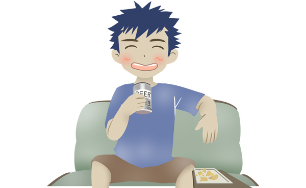 ソファでくつろぎお酒を飲む男性のイラスト